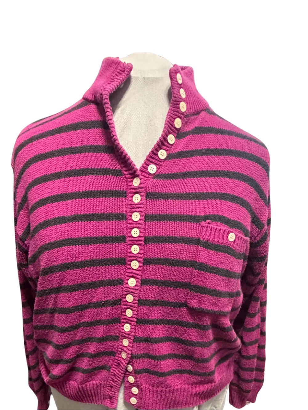 Vintage Pink & Black Stripe Mock Turtleneck Cardigan